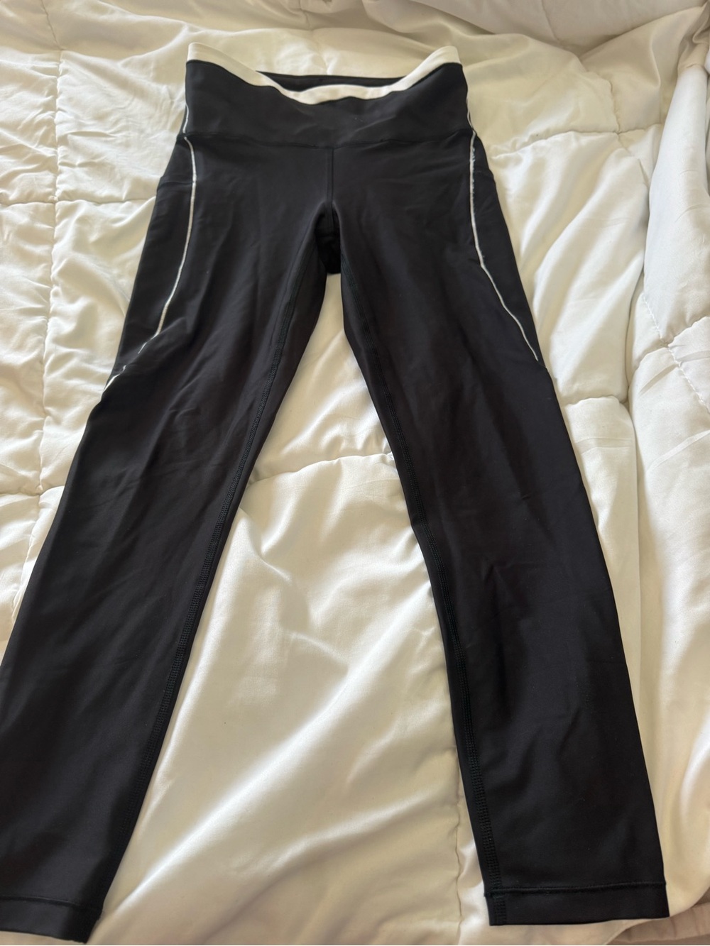 Athleta Black Leggings with White Logo Print